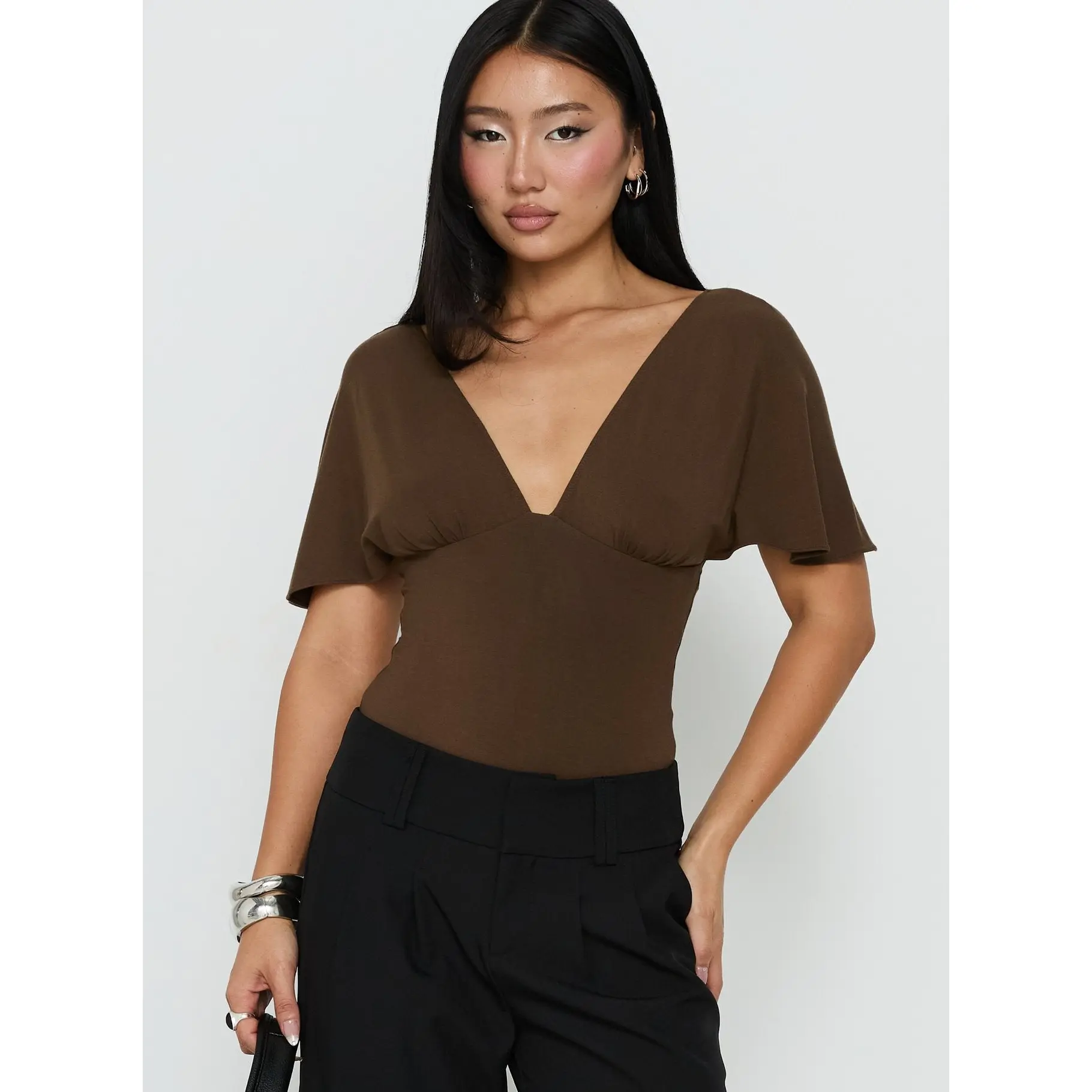 Yevenna Batwing Plunge Bodysuit Chocolate