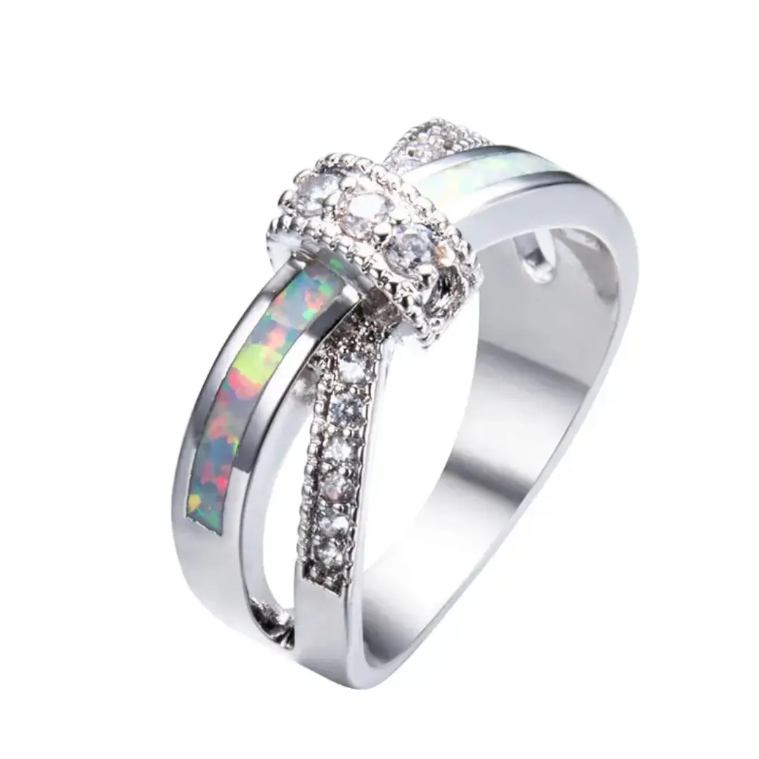 Birth Month Opal Radiance Ring, Iridescent White Stones in Hypoallergenic Silver - Inlaid Enchanting Glow