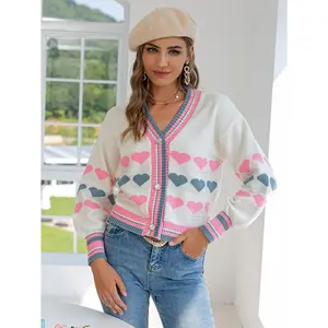 Valentine's Day Sweater, Button Front Sweetheart Print Cardigan Sweater ,Love Sweater,   Cropped sweater that has a v neckline