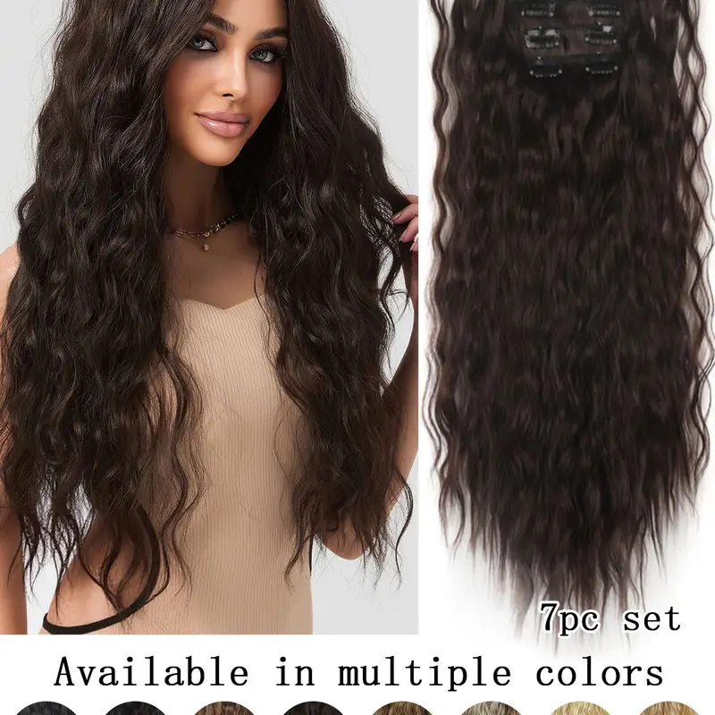 7-Piece Wavy Hair Extensions Set, Full Head Long Wave Clip-, Invisible Non-Slip Clips, Synthetic Hair, Synthetic Fiber Extensions, Synthetic Hairpieces, Multiple Colors, 24-Inch Elegant Curl Style