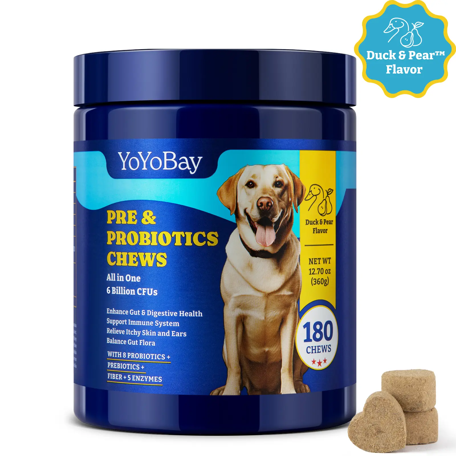 Dog Probiotic Chewables - 8 Probiotics, 5 Digestive Enzymes & Prebiotics, 6B CFUs, Immune Boosting Gut & Skin Health Turkey & Pumpkin Flavor Soft Treats, 180 Soft Chews