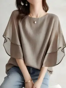Summer New Short Sleeve Batwing Top, Loose Fit Women's Round Neck Casual Versatile Chiffon Shirt, Comfortable and Stylish Fashion
