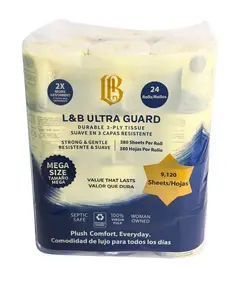 L&B Ultra Guard 3-Ply Soft Toilet Tissue, 24-Pack Daily Use Sheet Toilet Paper for Home Care Supplies