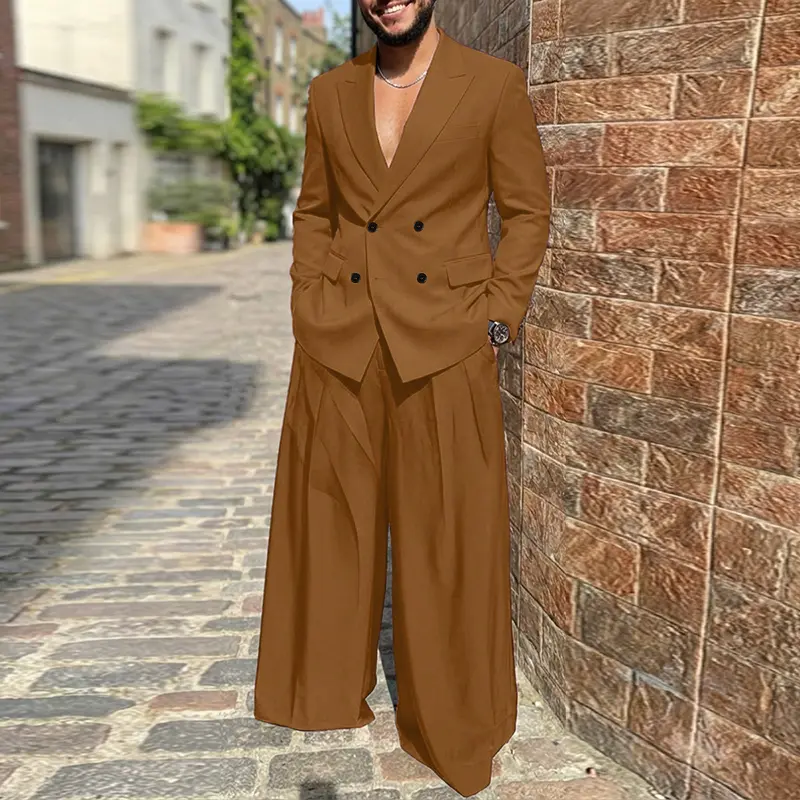 INCERUN Men's Classic 2-Piece Suit Set, Vintage Oversized Plain Double-Breasted Blazer and Matching Wide-Leg Trousers, Casual, Mensfashion