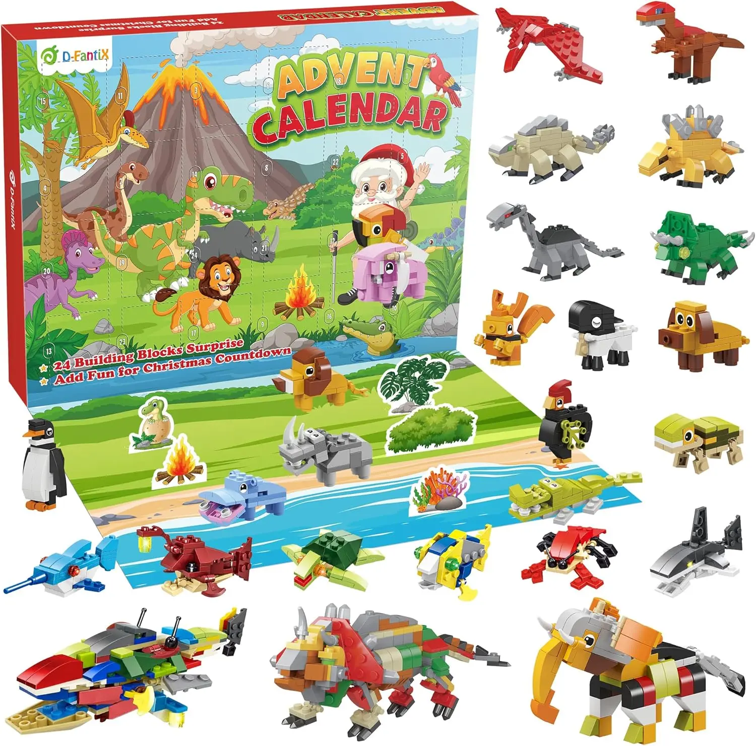 D-FantiX Christmas Advent Calendar 2024 for Kids, 24 In 3 Mini Dinosaur Animals Building Blocks Toy Sets, 24 Days Xmas Countdown Calendar Party Favors, Surprise Gift for Boys Girls Toddler