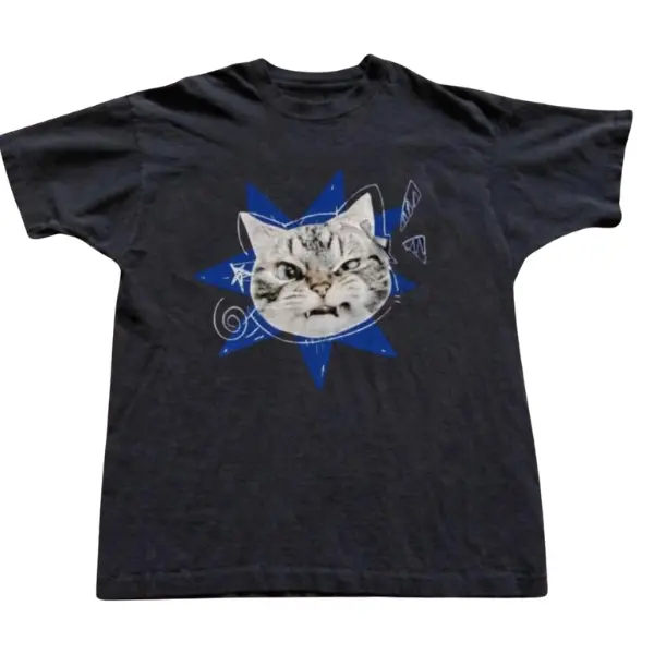 Funny Grumpy Cat Graphic Cotton Crewneck Short-Sleeve T-Shirt - Cute Cartoon Feline Illustration, Vintage Casual Streetwear Animal Lover Tee