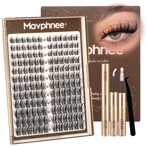 Mavphnee Lightweight Lash Cluster Kit, Wispy CC Curl 10-16MM DIY Extensions with Bond, Seal & Tweezers for Natural Clusters, Soft Glam, Clean Girl & Anime Makeup Cosmetic, Natural Lash Clusters