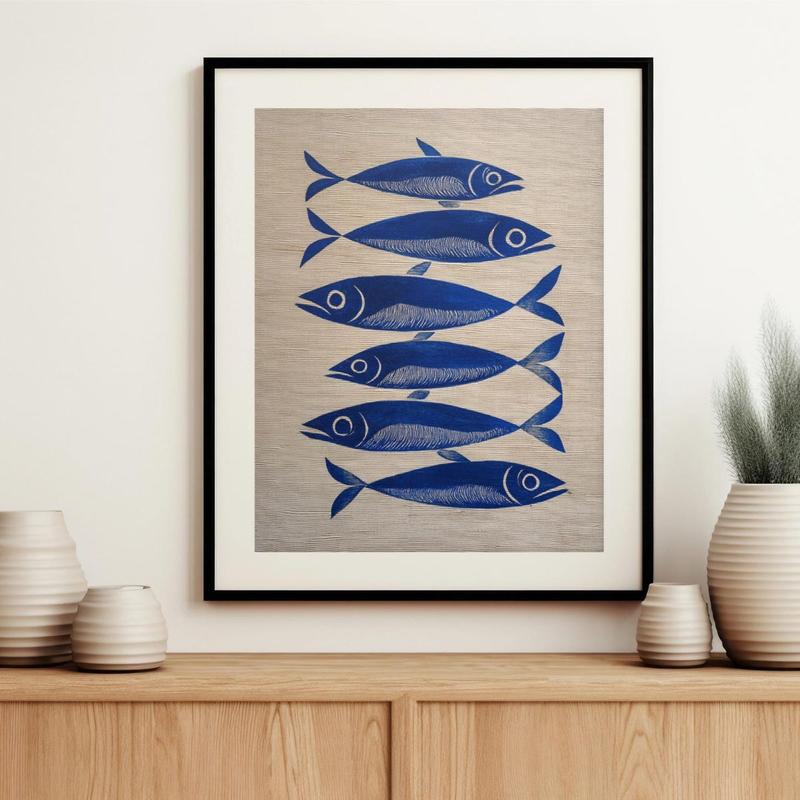 Blue Ink Sardine Striped Painting Wall Art Print, Stripes Trendy Aesthetic Kitchen Art, Sardine Kitchen Art, Antique Fish Art Printable, Unframe