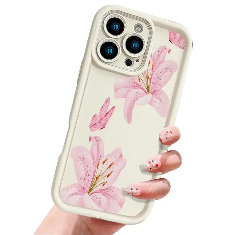Elegant Pink Lily Floral Pattern Silicone Phone Case for iPhone 17,16,15,14 Pro Max,13,12,11,XR,XS Plus,Air - Slim,Shockproof,Anti-Scratch TPU Protective Cover,Delicate Flower Aesthetic Smartphone Accessory, Accessories