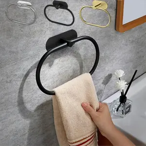 Stainless Steel Towel Holder Self-adhesive Bathroom Towels Rack Black Washhand Hanger Ring Rail Bar Kitchen Storage Accessories