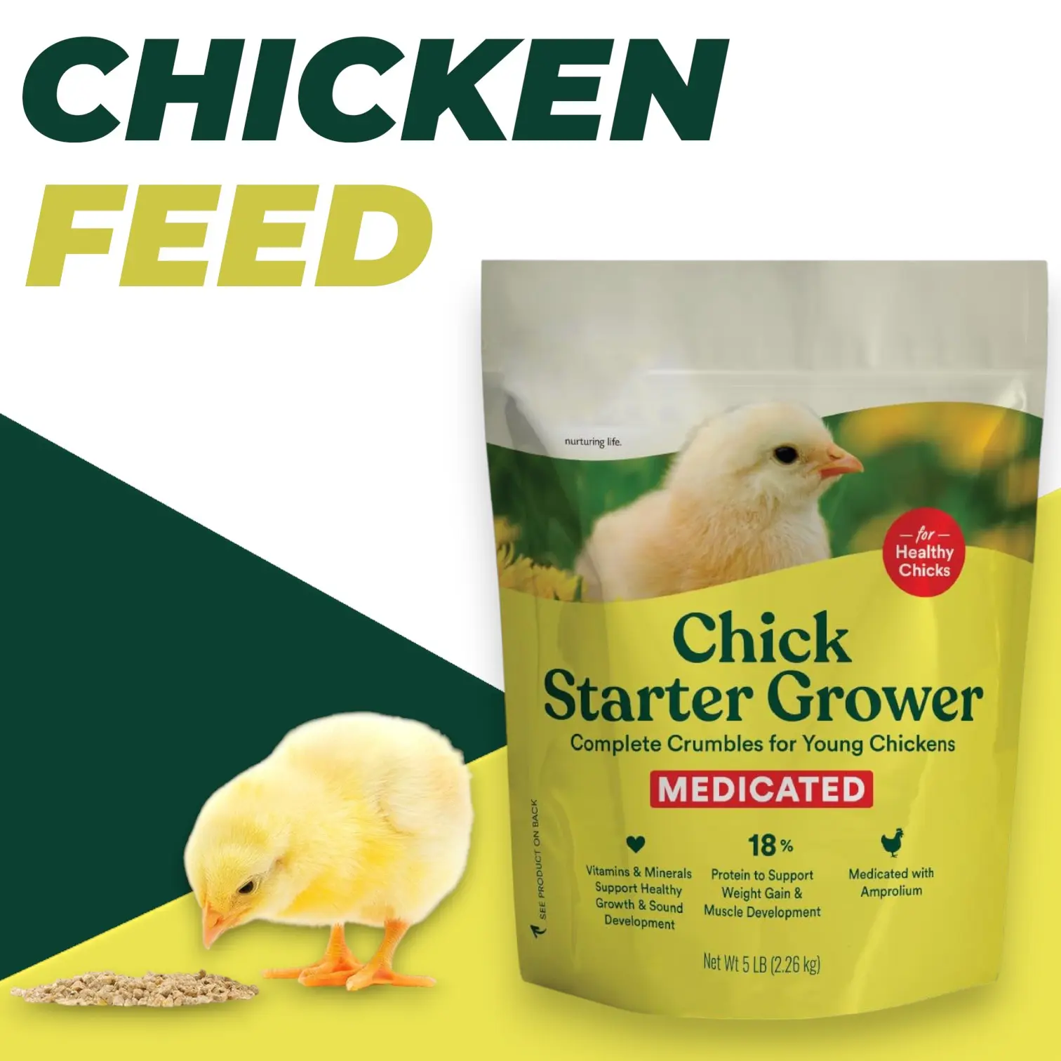 18% Protein Chick Starter Grower Crumbles - Zinc Oxide, Biotin, Thiamine Mononitrate-Infused Complete Feed for Backyard & Homestead Baby Chicks, Easy Crumble Texture, 5 lb Bag