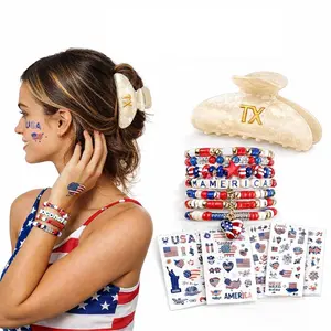 Women's 4th of July Red White and Blue Outfit Bundle - Patriotic Hair Claw Clip, America Bracelets, USA Tattoos for 250th Anniversary Party Favors, Memorial Day Festive Supplies