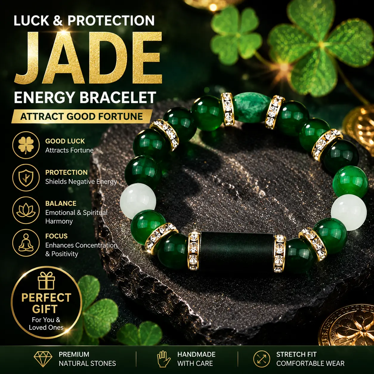 Irish Luck St. Patrick's Day Bracelet | Green Agate Lucky Clover Beaded Bracelet with Rhinestones | Luck Bracelet - Attract Wealth, Abundance and Perfect Good Luck Gift for 2026!