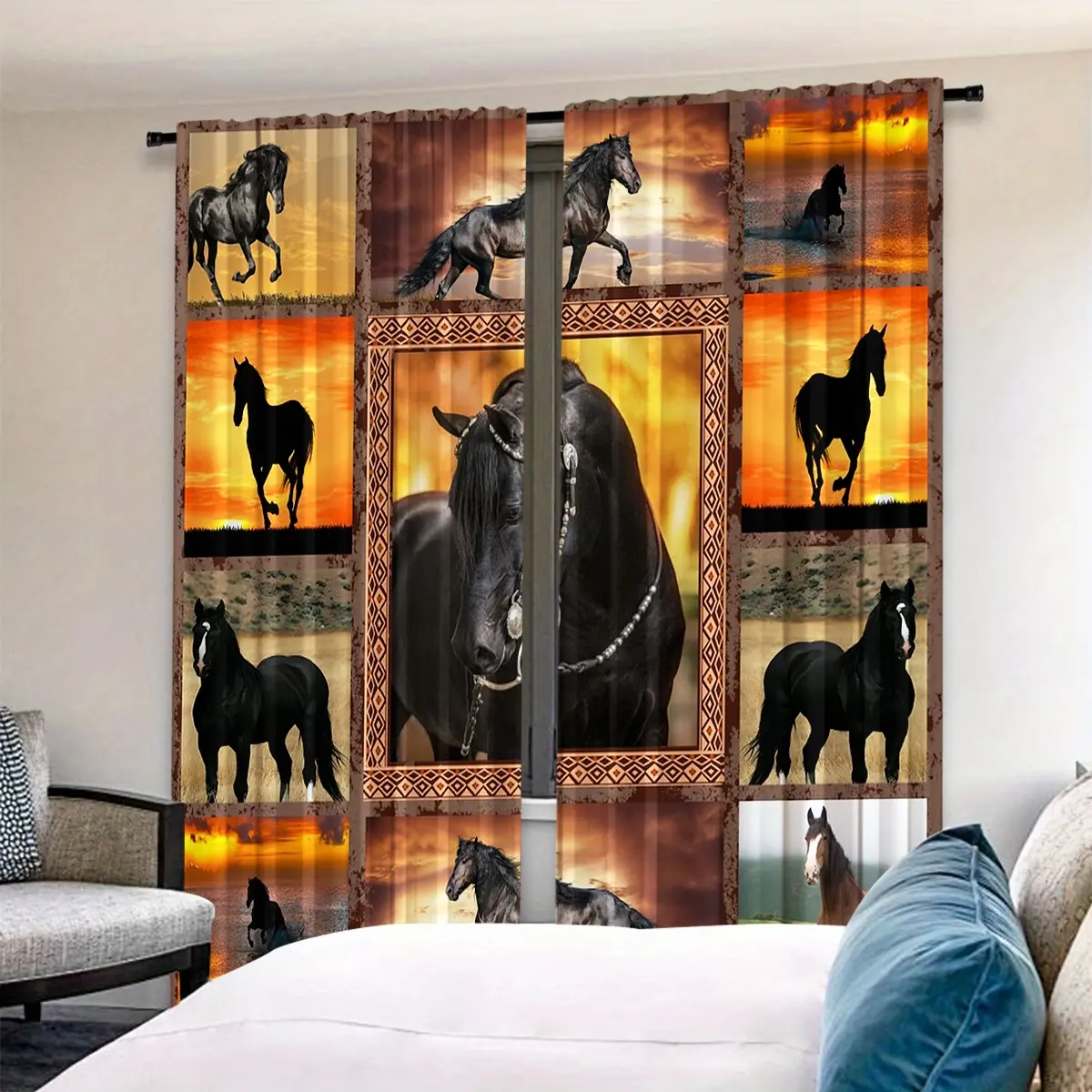 2 Piece Horse Patchwork Print Curtains, Wild Freedom Style, Artistic Atmosphere Decor for Living Room and Bedroom