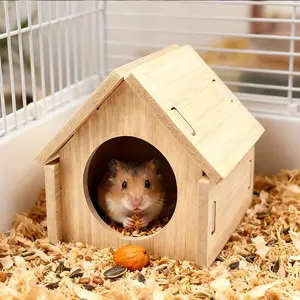 A compact wooden shelter with a roof, an ideal mini habitat for small hamsters, mice, and gerbils (over 5.5 cm), featuring comfortable cage accessories and an exercise platform, as well as a sturdy pet enclosure.