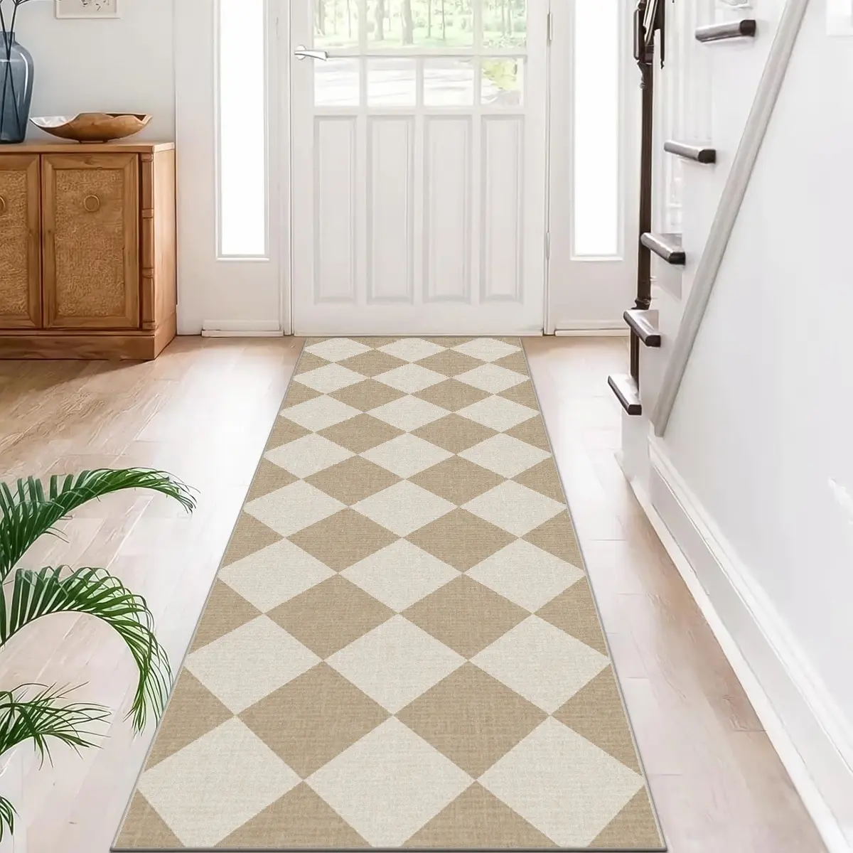 Beige Checkered Print carpet, 1 count Runner rug, Boho Runner Rug, Modern geometric rug, Corridor rug, Home Decorative Rugs, non-slip hallway long rug, washable Runner Rugs for Hallway, suitable for kitchen, bedroom, living room, Home Decor Rug