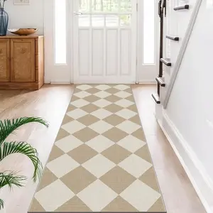 Beige Checkered Print carpet, 1 count Runner rug, Boho Runner Rug, Modern geometric rug, Corridor rug, comfortable floor mat, non-slip hallway long rug, washable Runner Rugs for Hallway, suitable for kitchen, bedroom, living room