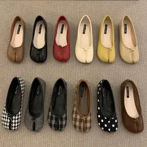 Designer Split-Toe Loafers for Women Retro Inspired Flat Shoes Soft Comfortable Casual Fashion Sneakers in Brown Black Red Beige Yellow Checkered & Polka Dot Patterns Footwear Fashionable Flats Flatform Round Toe Parent