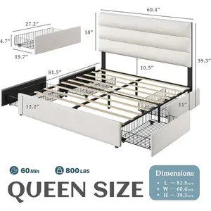 Lifezone Queen Bed Frame with Storage Drawers, Queen Size Platform Bed Frame with Velvet Upholstered Headboard, Metal Support, No Box Spring Needed, Noise-Free, Easy Assembly, Bedroom Furniture, Beige