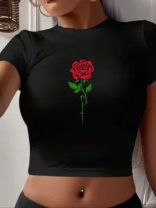 Women's Rose Print Round Neck Crop Tee, Casual Slim-fitting Short Sleeve T-shirt, Ladies Summer Clothes for Daily Wear