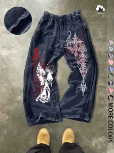 Unisex Gothic Angel Graphic Cotton Sweatpants, Streetwear Pants, Washed Cotton Fabric, Casual Y2K Style, Suitable for streetwear, Y2K style, gothic style, everyday wear, casual and fashionable, men's gifts, trendy outfits.
