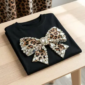 Leopard Rhinestone Bow Tee - Glam Animal Print Graphic Tee