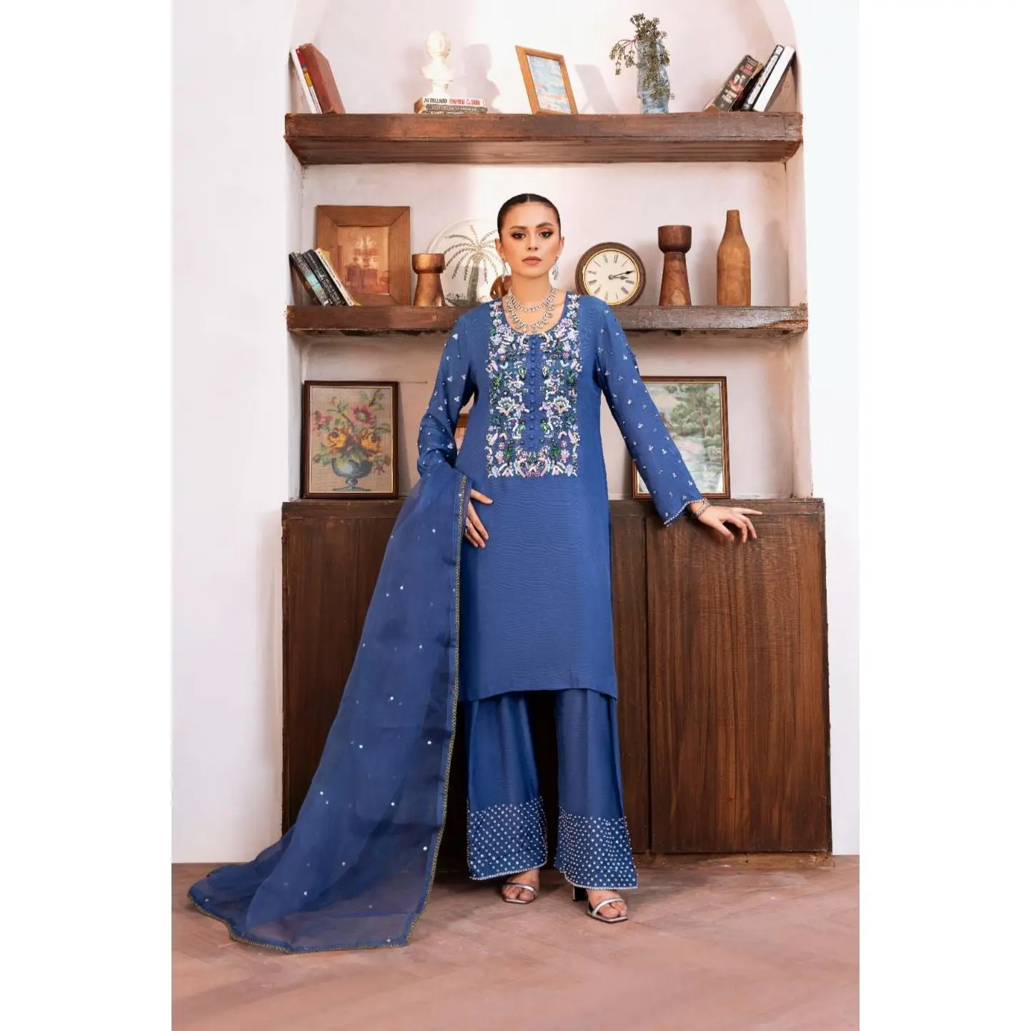 NajmaCouture | Chandni – Blue Korean Silk Farshi Suit with Studs, Sequins, Crystal & Pearl Hand Work