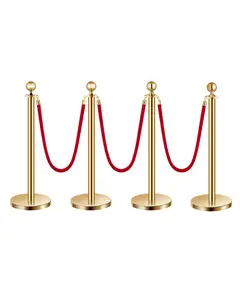 4 Pieces Gold Stanchion Posts with 3 Pieces 4.92 Ft Red Velvet Rope, Velvet Rope Stanchion Set for Crowd Control Barriers, Red Carpet Poles for Parties, Weddings, Events, VIP Access and Event Decor