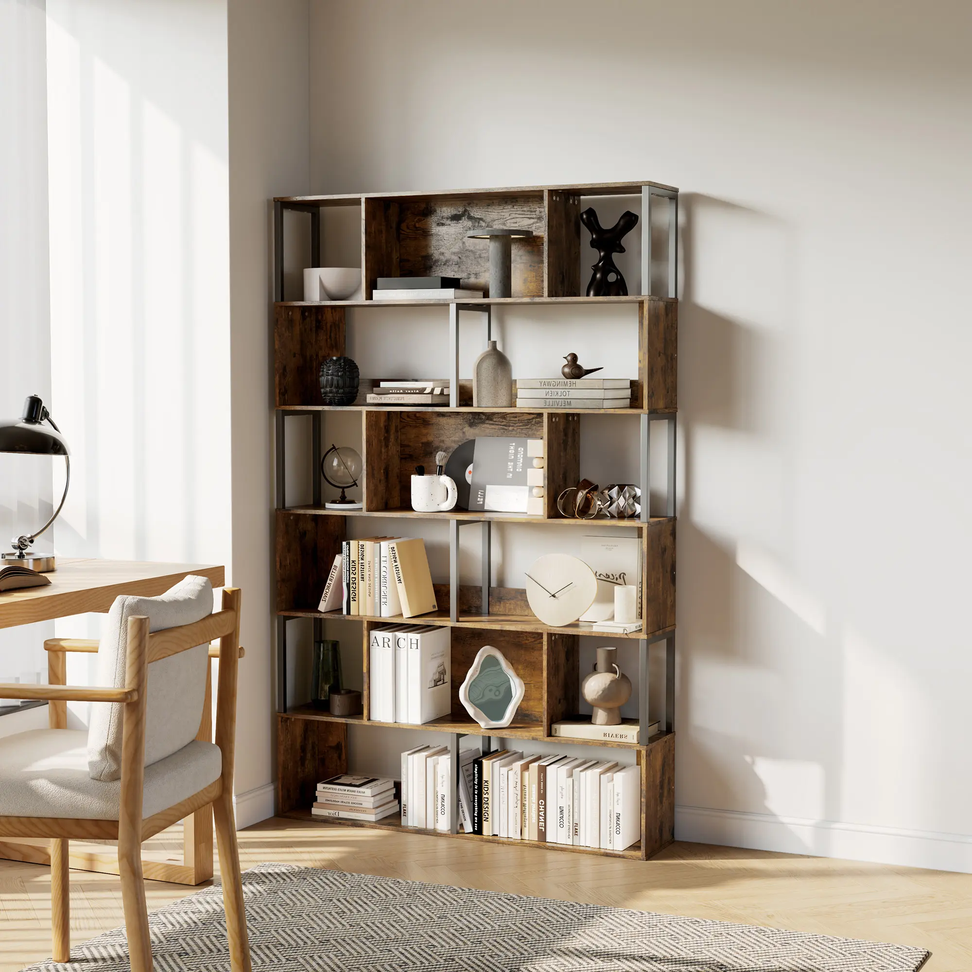 6-Tier Geometric Standing Bookshelf - Metal Bookcase & Display Rack - Room Divider with Anti-Tip Device - Slim Storage Shelf for Living Room, Brown/Black/White