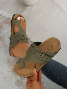 Women's Olive Open Toe Cork Slippers, Vintage Casual Style, Summer Daily Wear Shoes, Easy Match with Casual