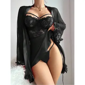 RRJ Lace & Mesh Floral Robe Set, Sexy Lingerie Sleepwear For Valentine's Day lingerie set