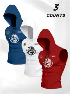 Men's 3-Piece Hooded Vest Set, Fashion Mexican Eagle Snake Letter Pattern Sleeveless Top, Perfect Fit Daily Wear, Summer Street Style H-Type Shirt