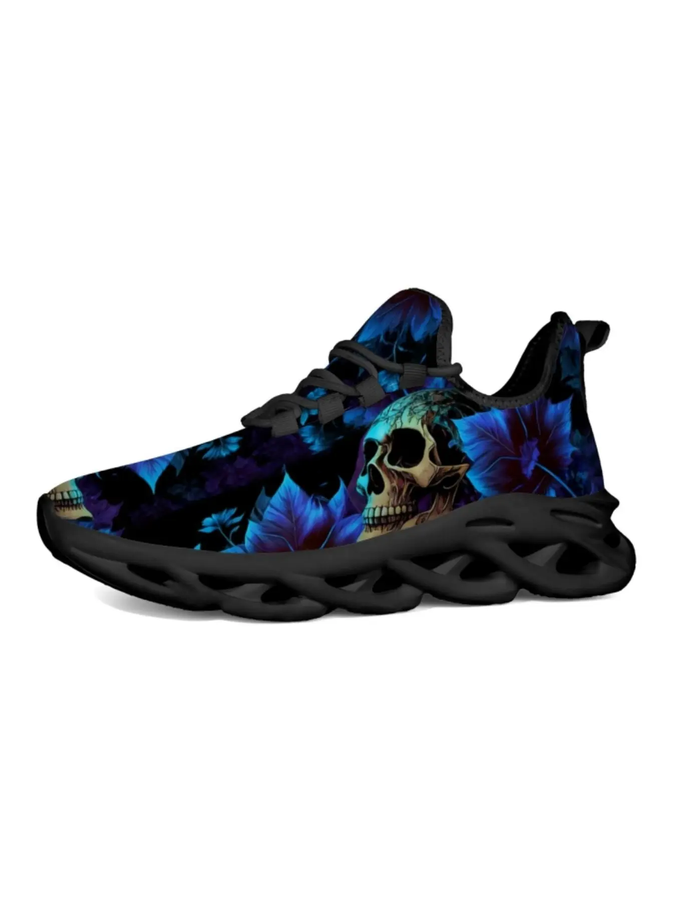 Unisex Athletic Sneakers, All Season Sneakers, Dark Night Blue Purple Leaf Skull Print, Soft Sole, Breathable, Durable, Anti-Slip, Multifunctional, Jogging Shoes, Chunky Sole Sneakers