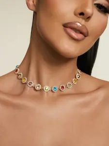 Colorful Zircon Tennis Choker Necklace for Women, Rainbow CZ Halo Gem Chain, Dainty Gold Plated Clavicle Necklace, Sparkling Statement Jewelry for Party, Vacation, Festival, Y2K Trend Gift for Her, Layered Look Luxury Accessory