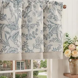 Linen Valance Curtain Farmhouse Floral Printed Small Window Curtain for Kitchen Rustic Country Light Filtering Valance for Living Room Bedroom Bathroom 16 Inch Rod Pocket 1 Panel Blue on Beige