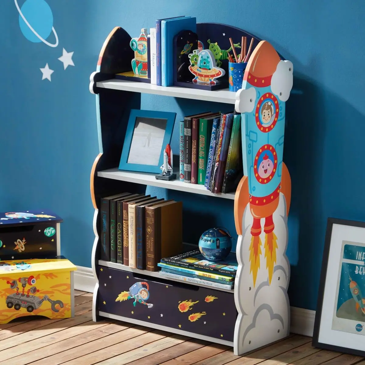 212 MAIN Fantasy Fields Sturdy Wood Outer Space MDF Eco-Friendly Indoor Bookshelf - 3 Levels, Rocket Ship, Astronauts Aliens Designs, Wall-Mounting Living Room Furniture