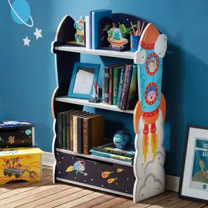 212 MAIN Fantasy Fields Sturdy Wood Outer Space MDF Eco-Friendly Indoor Bookshelf - 3 Levels, Rocket Ship, Astronauts Aliens Designs, Wall-Mounting Living Room Furniture