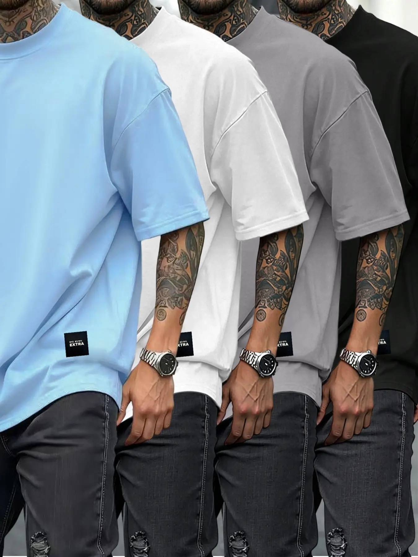Men's Classic Solid Color Short Sleeve 4-Pack, Round Neck Plain T-Shirts, Tops, Loose-Fit Baggy Casual Wear Streetwear, Summer Essential Outdoor Clothing