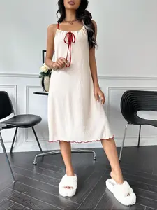 Women's Solid Color Ribbed Cami Nightdress, Elegant Bow Decor Sleeveless Nightgown for All Seasons, Soft Comfy Sleepwear for Women, Casual Comfy Nightdress