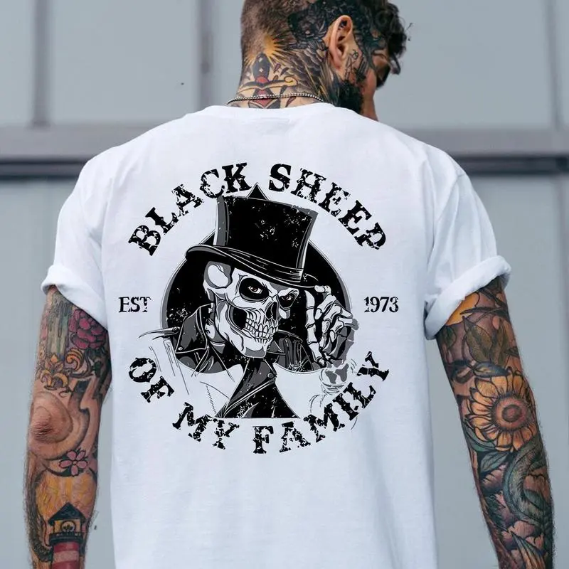 Men's Graphic T-Shirt with 'Black Sheep' Skeleton Print, Casual Streetwear Short Sleeve Cotton Top, New Year