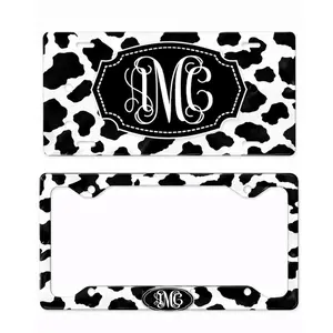 Personalized Cow Print License Plate & Frame, Custom Monogram Car Tag, Black and White Western Auto Decor, Farm Style License Plate