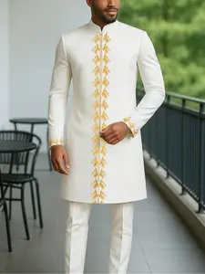 Men's African Kaftan Set, Long Sleeve Embroidered Luxury Elegant Kurta Suit, Party Wedding Holiday Muslim Men, 2 Piece Set