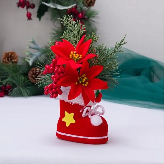 Christmas Santa's Boots Ornament, 10 Inch Red Boots with Pine Cone Berry Cedar Xmas Decor for Table Dinning Room Office Desk Coffee Shop Hotel Fireplace (Poinsettia/Pine Cone) Decoration