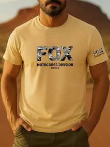 Fox Camo Off-Road Moto T-Shirt, Outdoor Motorcycle Print, Casual Short Sleeve Tee, Summer Breathable Fabric, Loose-Fitting Long Style