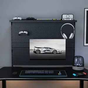 Carbon Steel Drill-Free Clamp-On Desk Pegboard with Single Vesa Mount Monitor Stand, 43x35 in Black Metal Peg Board Organizer with Standard Holes, Hooks & Movable Panel for Gaming, Office Organization