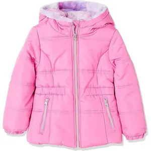 LONDON FOG Big Girls' Heavyweight Fleece Lined Puffer Jacket with Headband, Pink, 7/8