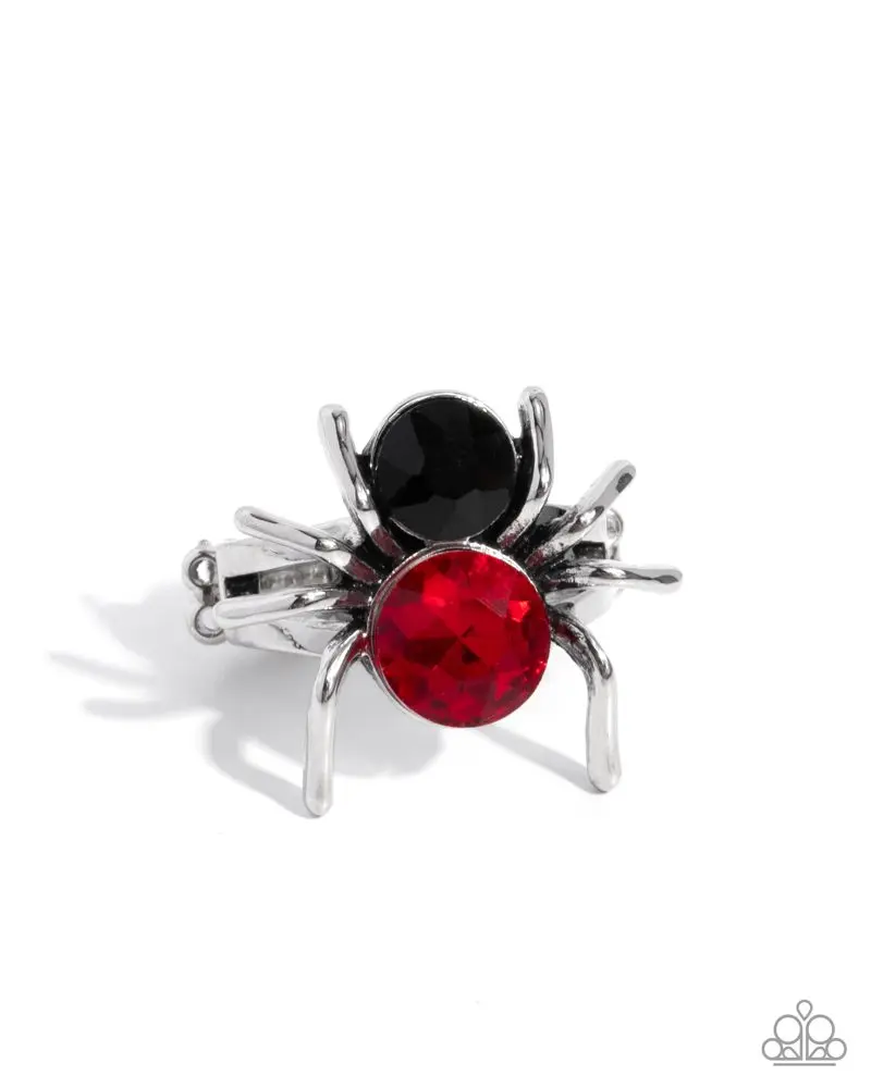 Spider Bite - Red Stretchy Ring - Black and Red Gems with Silver Legs Spider on Silver Double Band