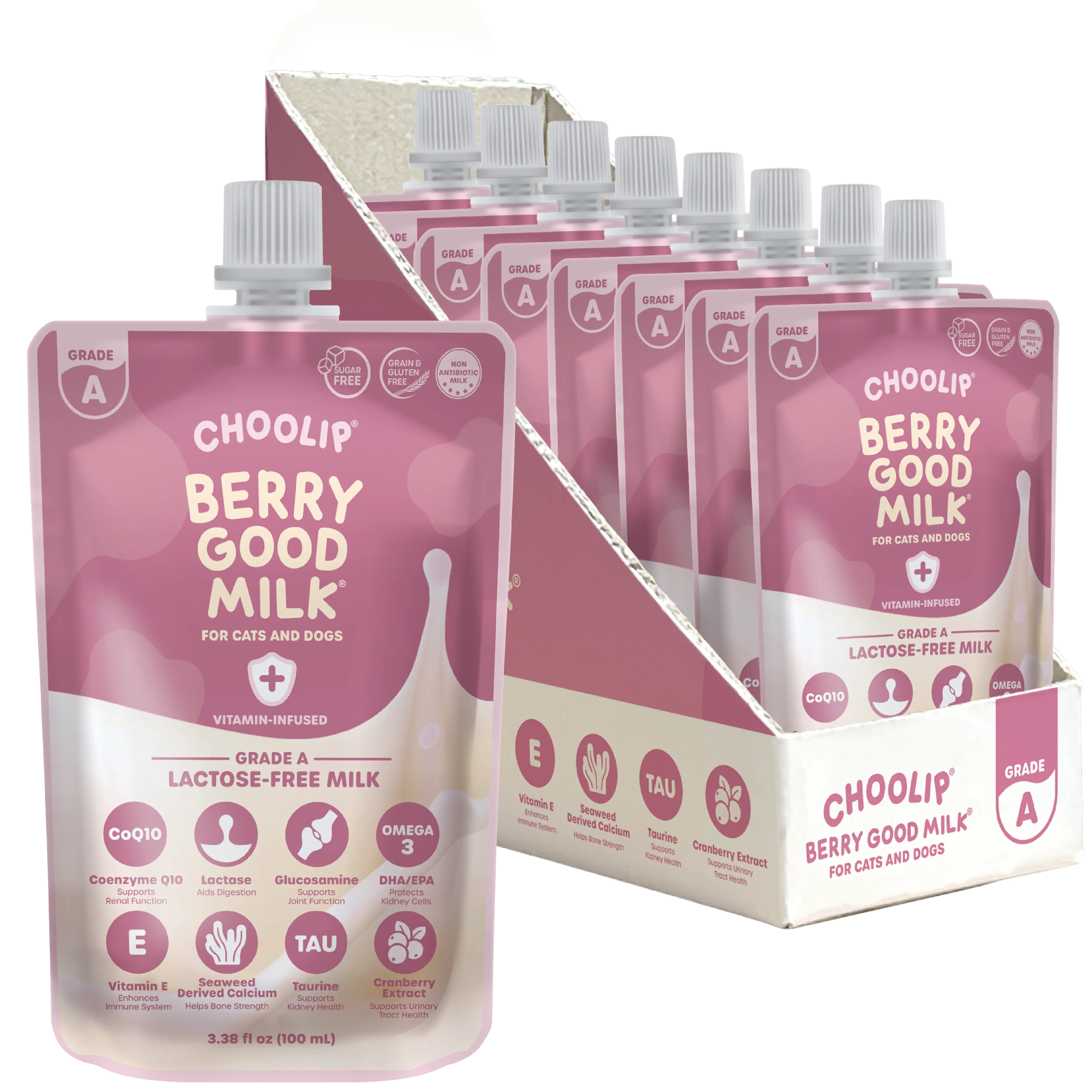 Choolip Berry Good Lactose-Free Milk-Based Pet Milk (8 x 100 ml/3.38 fl oz Pack) - Vitamin-Infused Hydration Drink, Fish Oil, Artificial Additive-Free, All-Ages Canine Nutrition, Urinary Support for Daily Fluid Intake