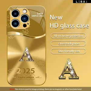 Suitable for [iPhone 15 Pro Max] New electroplated glass gold auspicious cloud letter mobile phone case simple explosion-proof mobile phone case affordable anti-drop anti-fingerprint 995