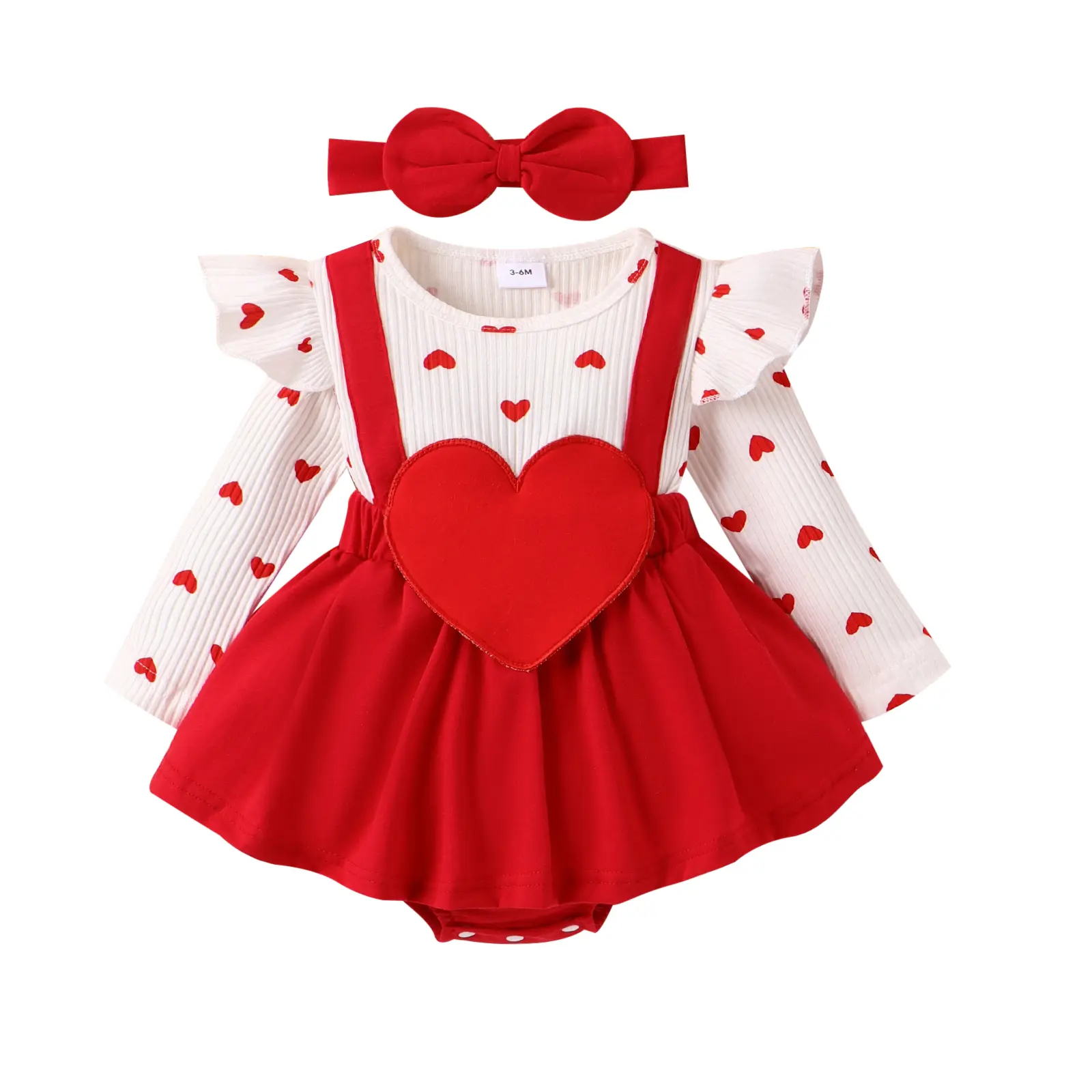 FOCUSNORM Valentine Baby Girl Outfit Heart Print Ribbed Long Sleeve Newborn Valentines day Romper Dress Headband Set